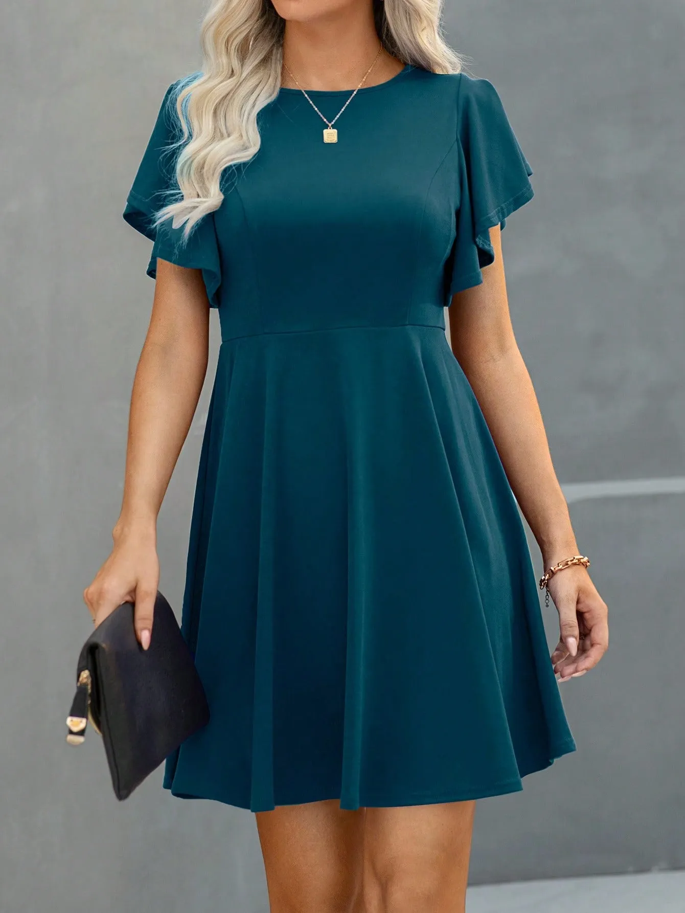 Solid Butterfly Sleeve A-line Dress