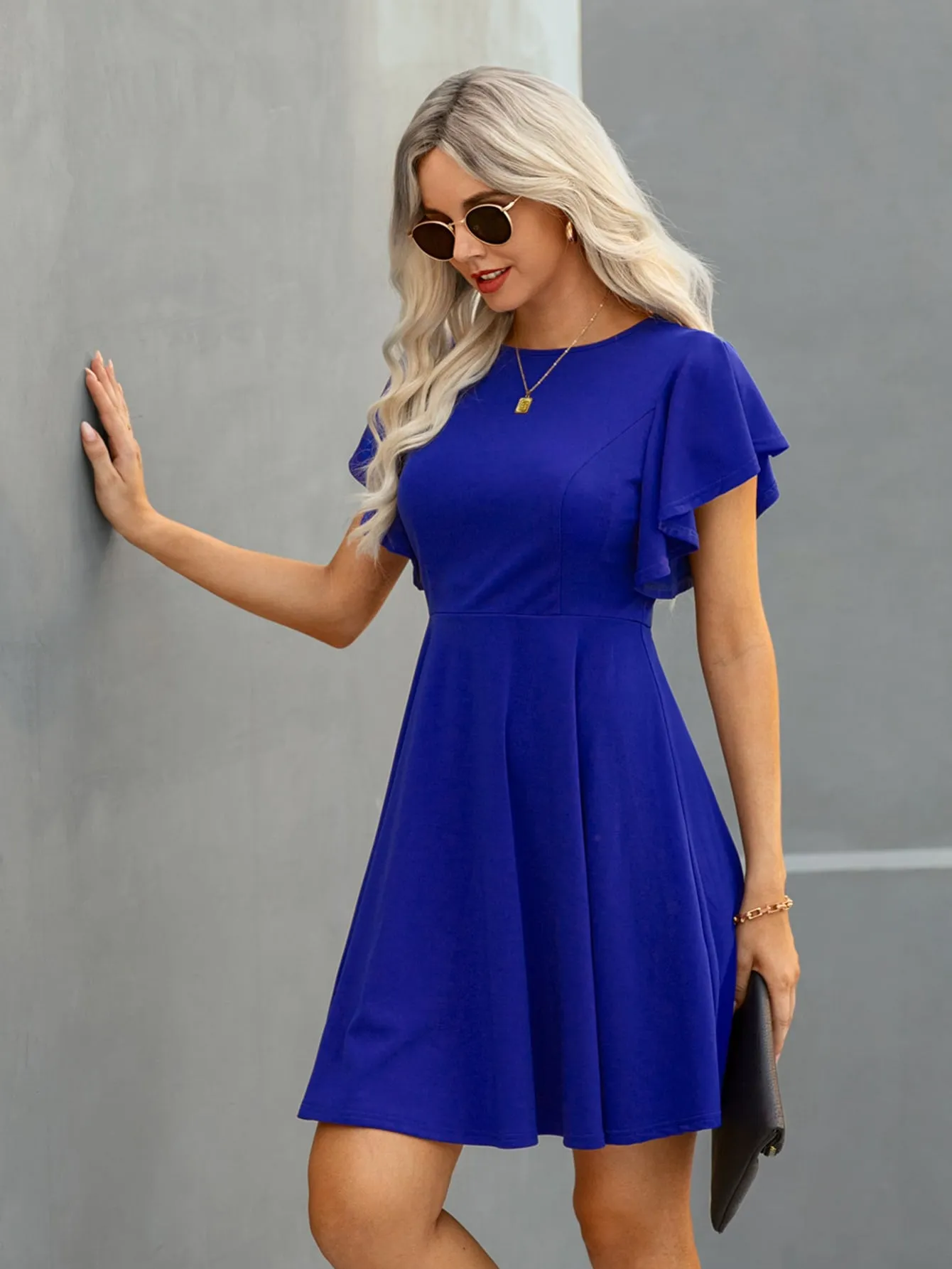 Solid Butterfly Sleeve A-line Dress