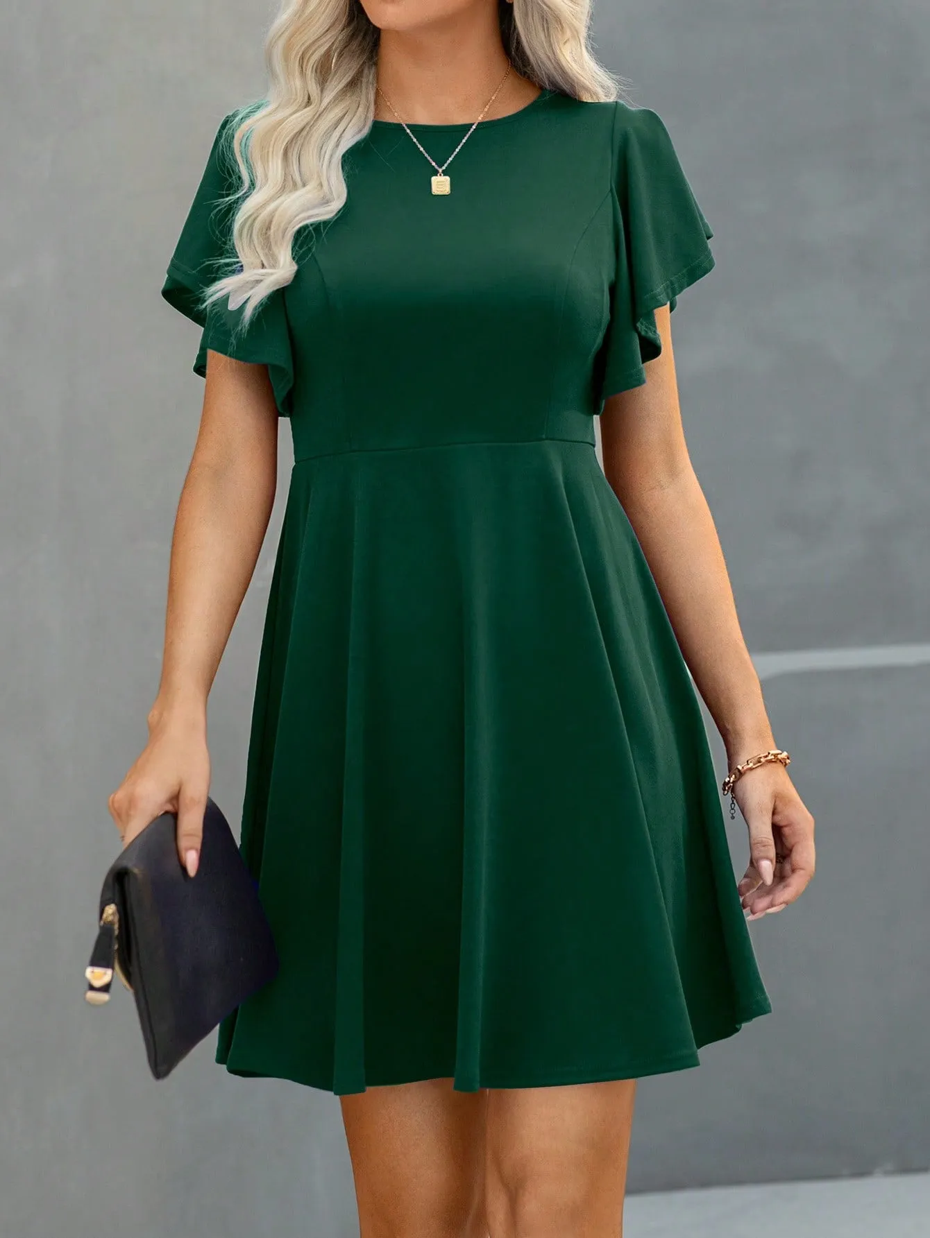 Solid Butterfly Sleeve A-line Dress