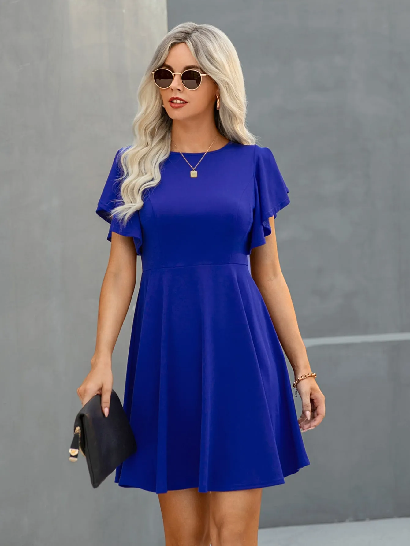 Solid Butterfly Sleeve A-line Dress