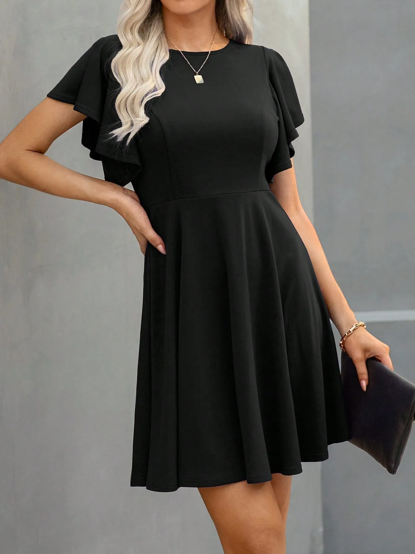 Solid Butterfly Sleeve A-line Dress