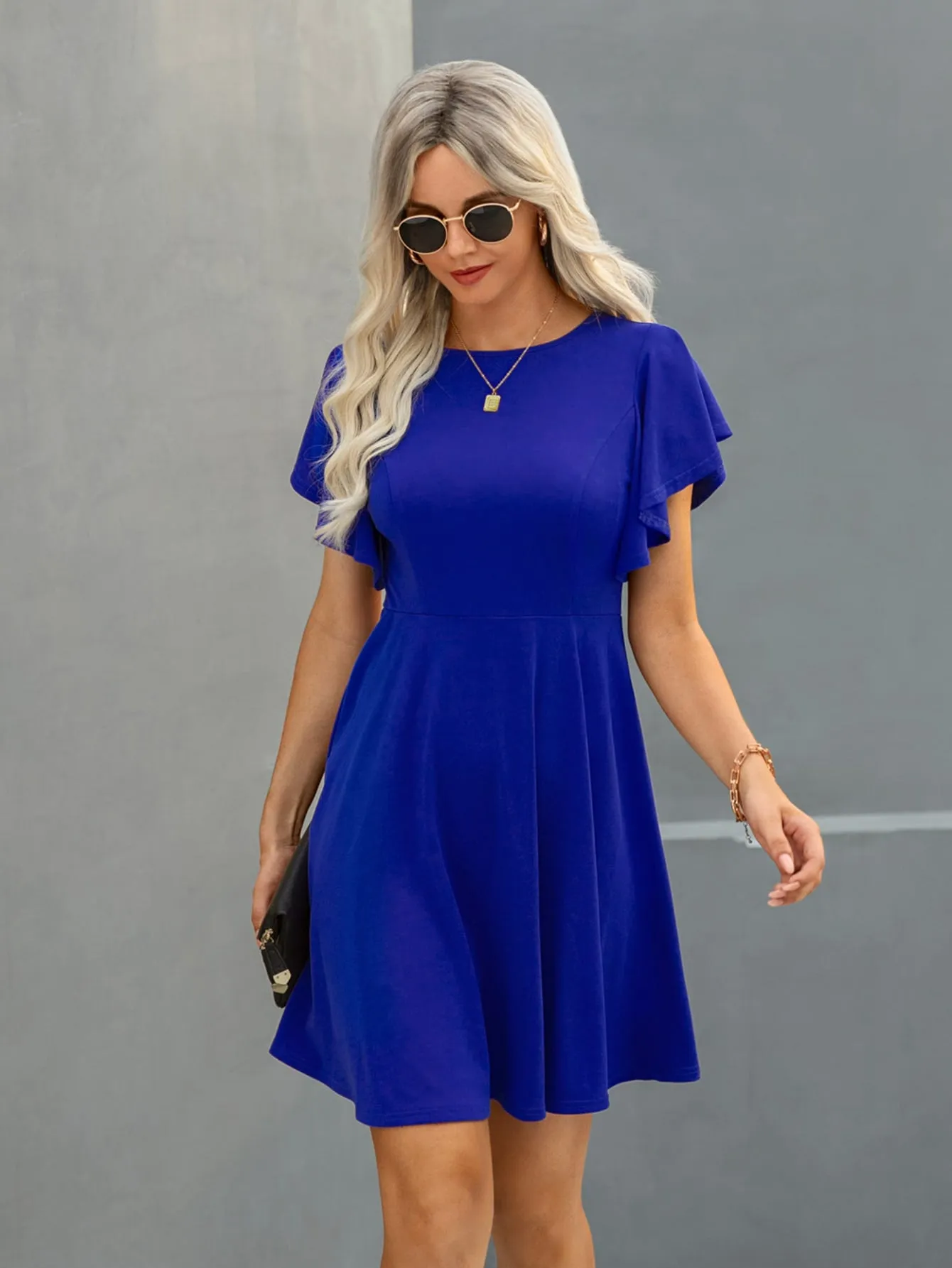 Solid Butterfly Sleeve A-line Dress