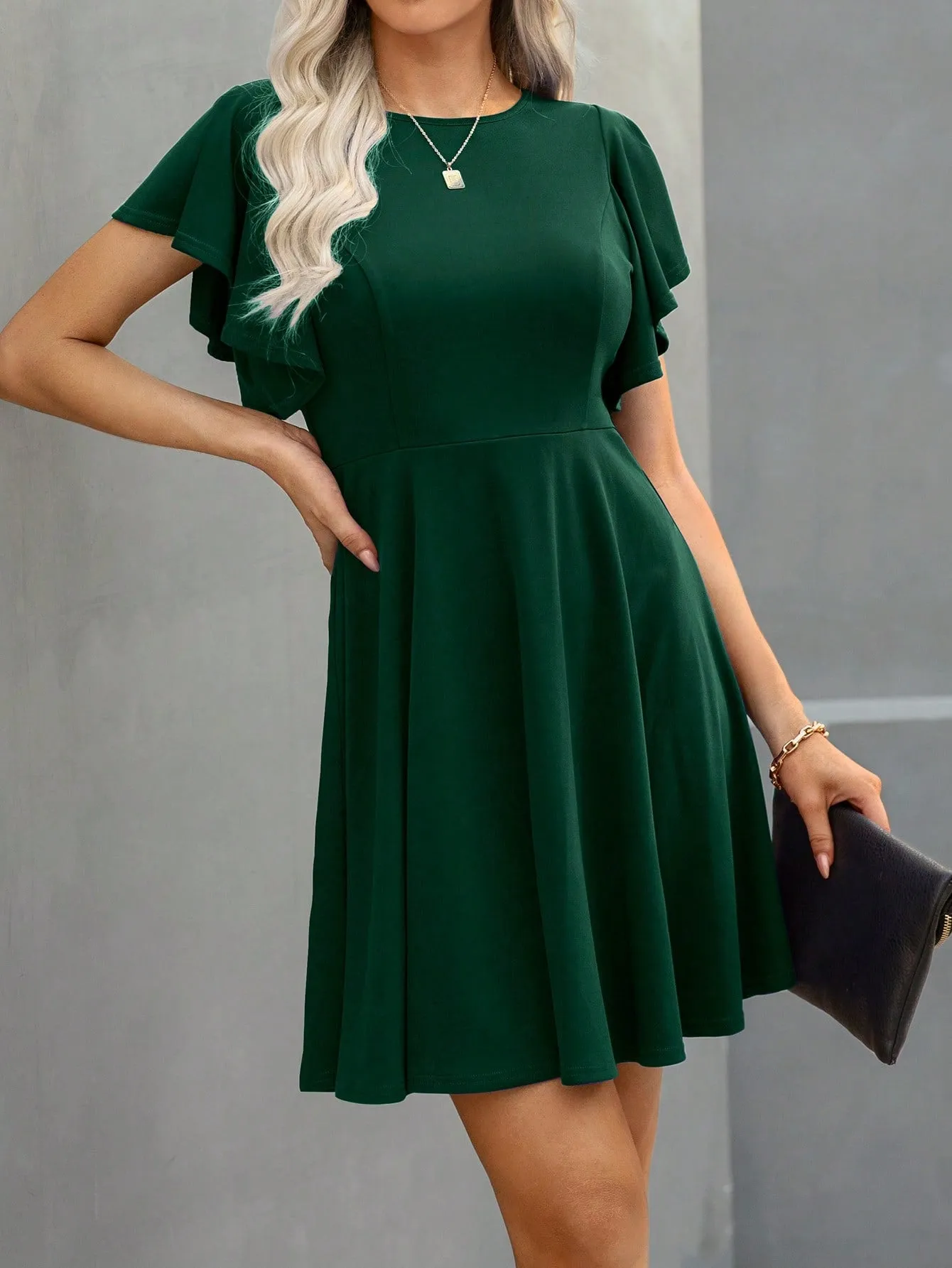 Solid Butterfly Sleeve A-line Dress