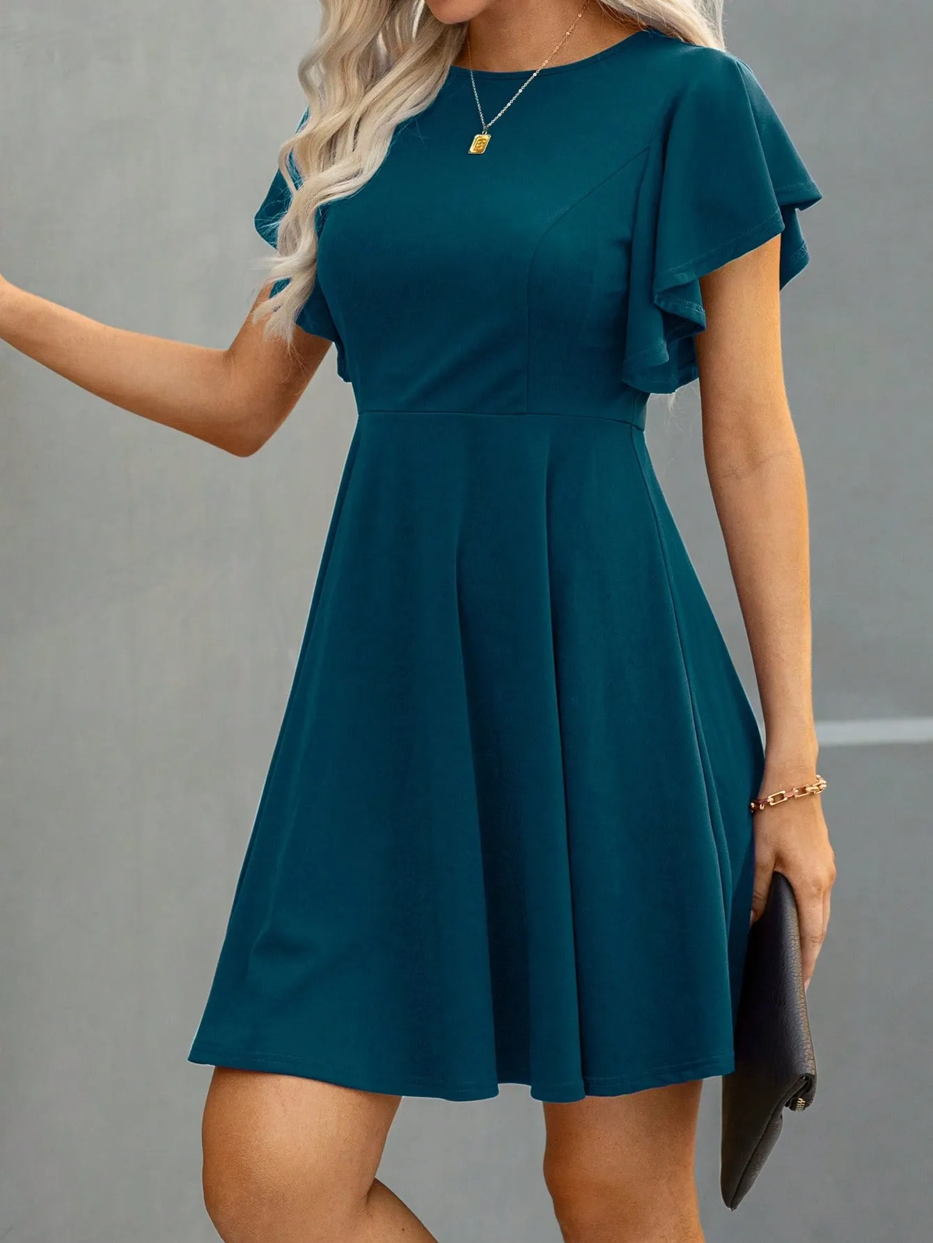 Solid Butterfly Sleeve A-line Dress