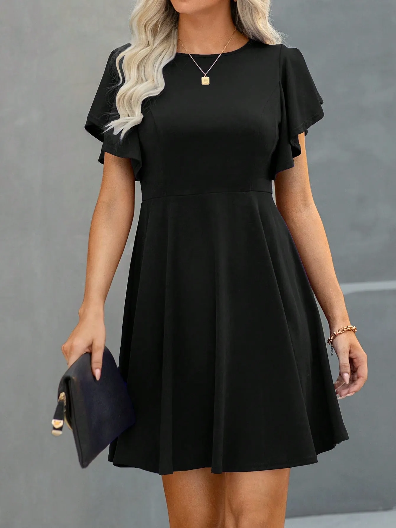 Solid Butterfly Sleeve A-line Dress