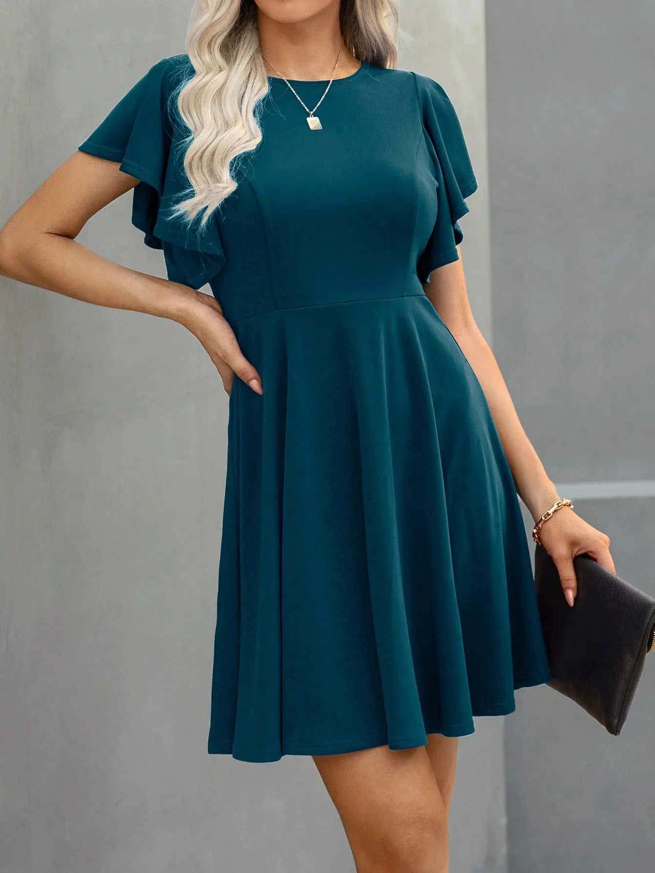 Solid Butterfly Sleeve A-line Dress
