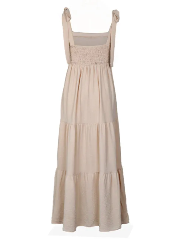 Solid Tie-Shoulder A-Line Midi Dress with Smocked Back