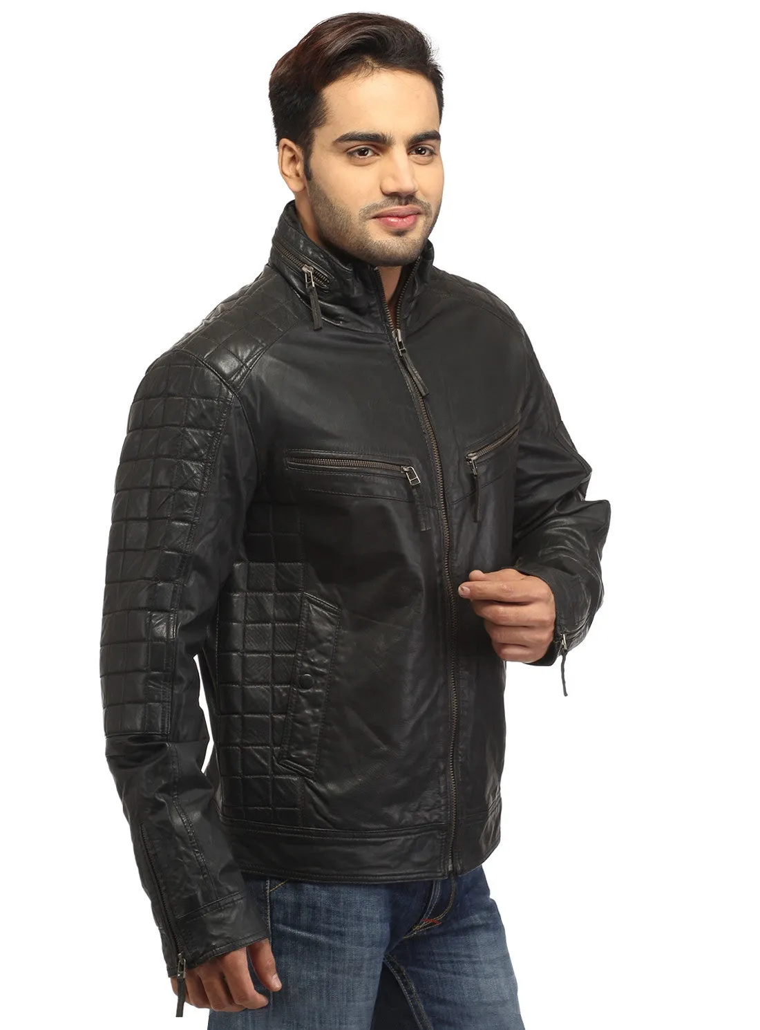 Sporty Boxy Quilted Casual  Men Leather Jacket