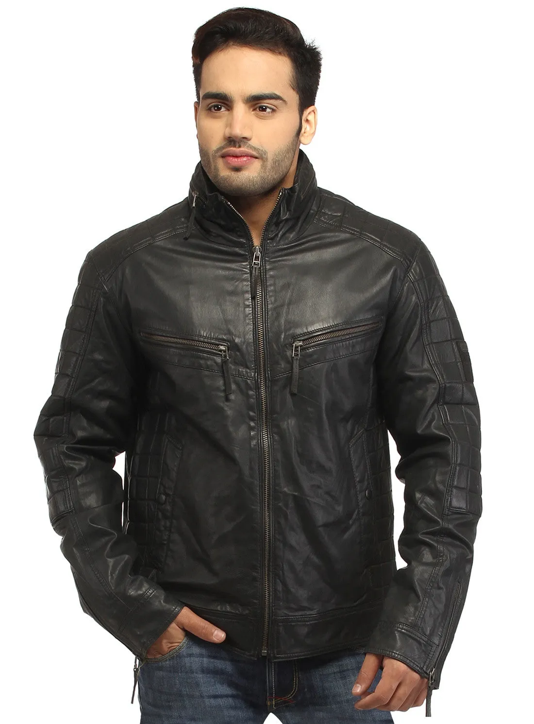 Sporty Boxy Quilted Casual  Men Leather Jacket