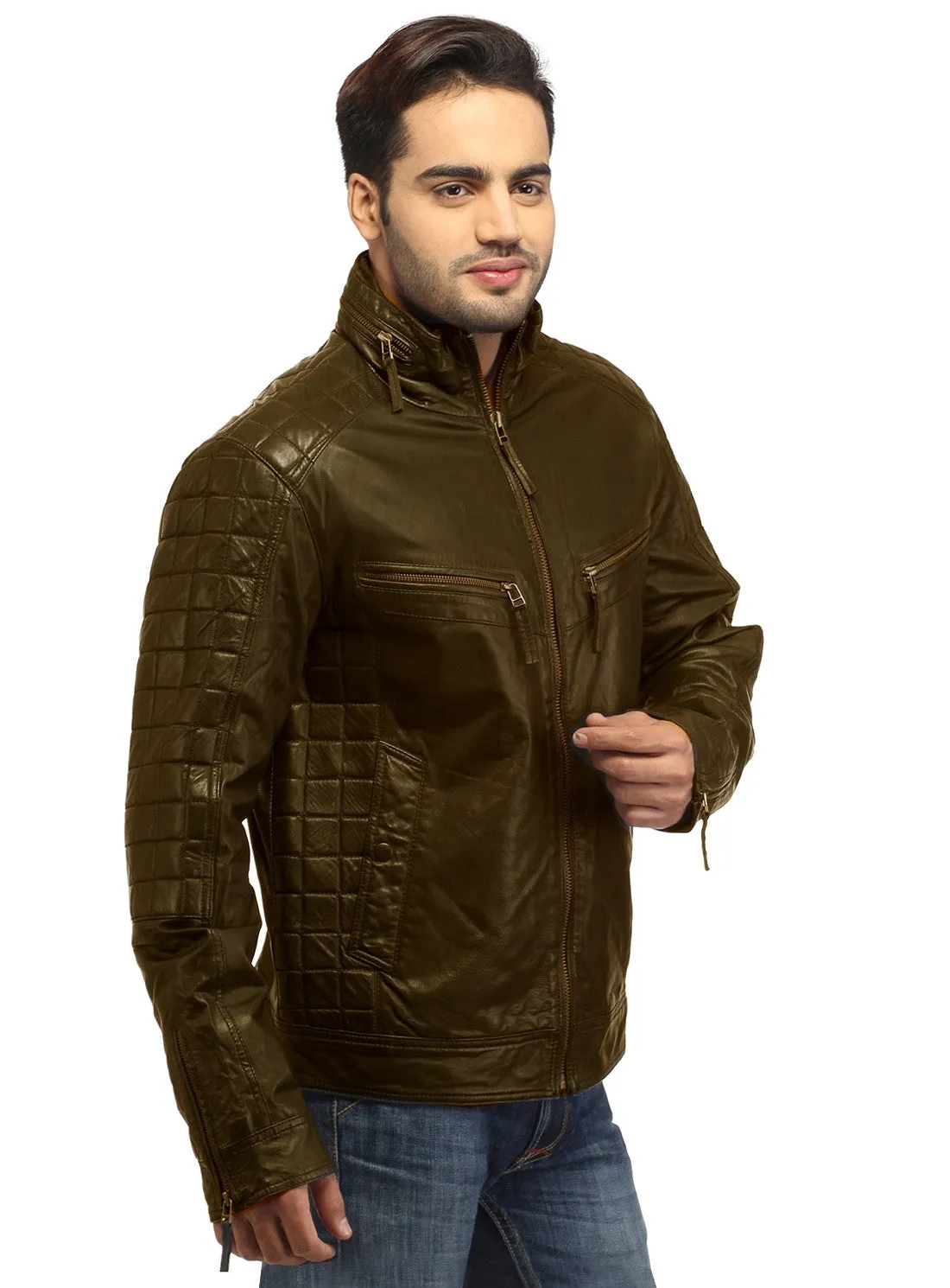 Sporty Boxy Quilted Casual  Men Leather Jacket