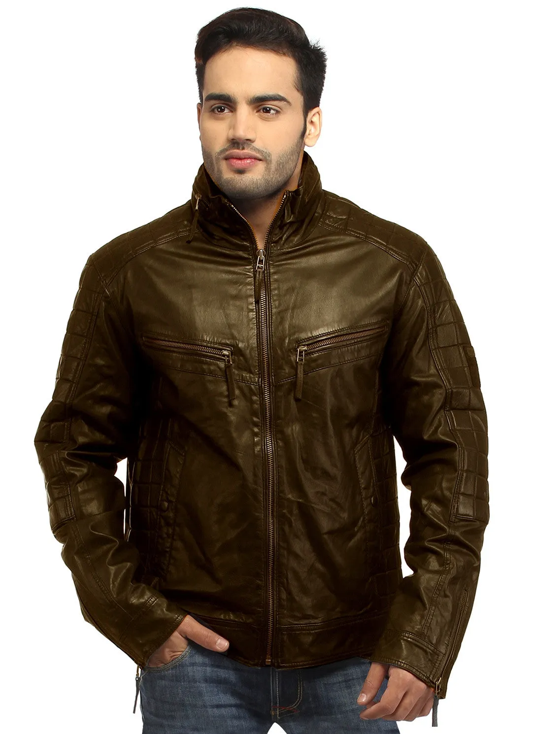 Sporty Boxy Quilted Casual  Men Leather Jacket