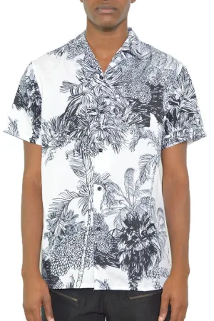 TEEK - MENS WHITE BLACK PRINT BUTTON DOWN SHIRT
