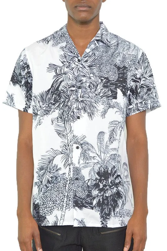 TEEK - MENS WHITE BLACK PRINT BUTTON DOWN SHIRT