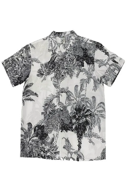 TEEK - MENS WHITE BLACK PRINT BUTTON DOWN SHIRT