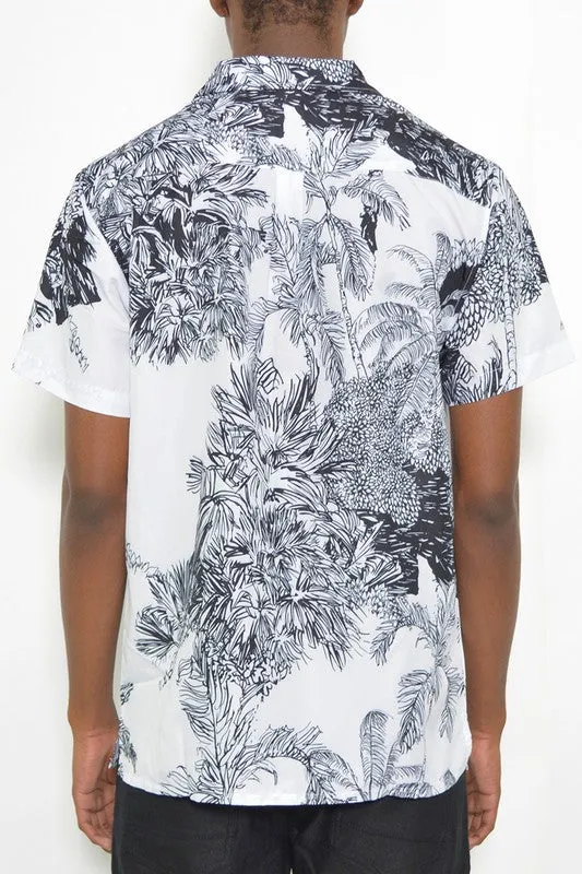 TEEK - MENS WHITE BLACK PRINT BUTTON DOWN SHIRT