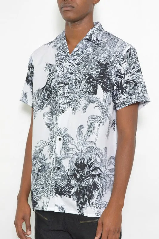 TEEK - MENS WHITE BLACK PRINT BUTTON DOWN SHIRT