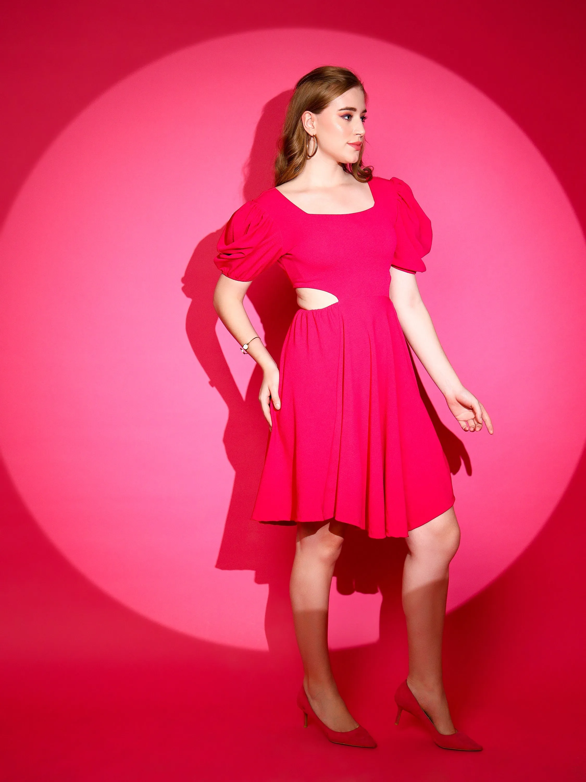 Vogue Squre Neck Puff Sleeve Waist Cut Out Midi Dress