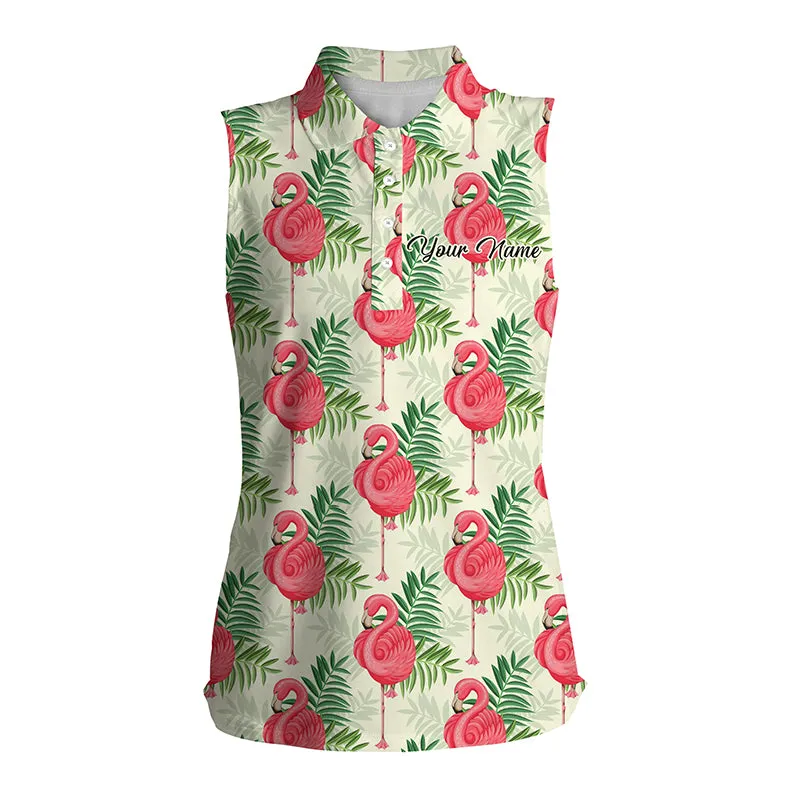 Women sleeveless polo shirt neon flamingos palm leaves pattern, custom team flamingo golf shirts