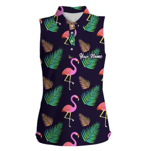 Women sleeveless polo shirt neon flamingos palm leaves pattern, custom team flamingo golf shirts