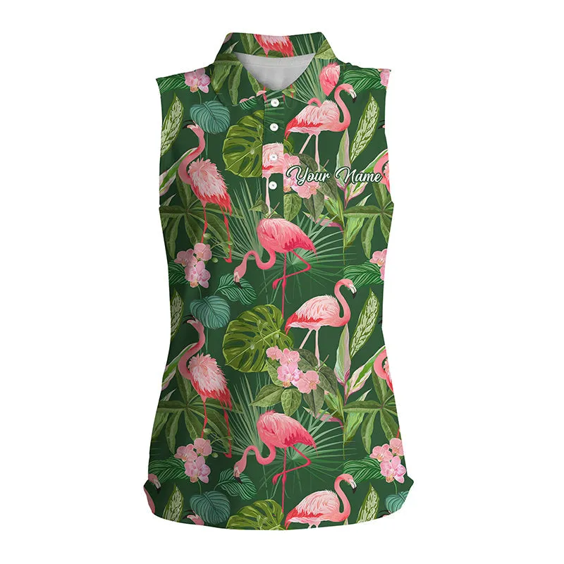 Women sleeveless polo shirt neon flamingos palm leaves pattern, custom team flamingo golf shirts