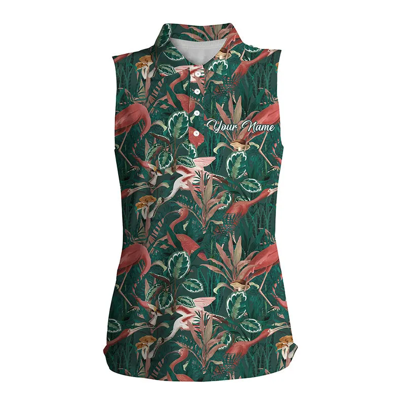Women sleeveless polo shirt neon flamingos palm leaves pattern, custom team flamingo golf shirts