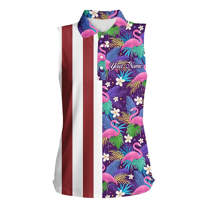Women sleeveless polo shirt neon flamingos palm leaves pattern, custom team flamingo golf shirts