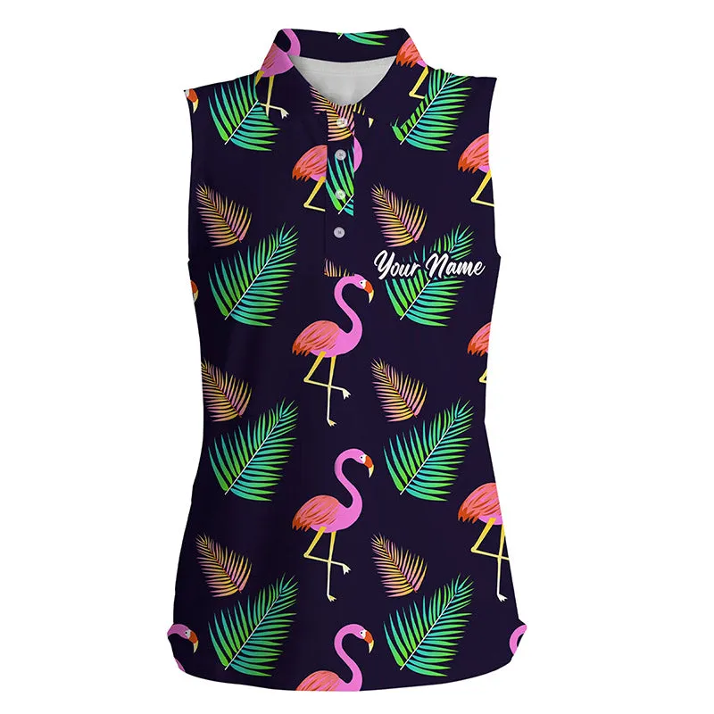 Women sleeveless polo shirt neon flamingos palm leaves pattern, custom team flamingo golf shirts