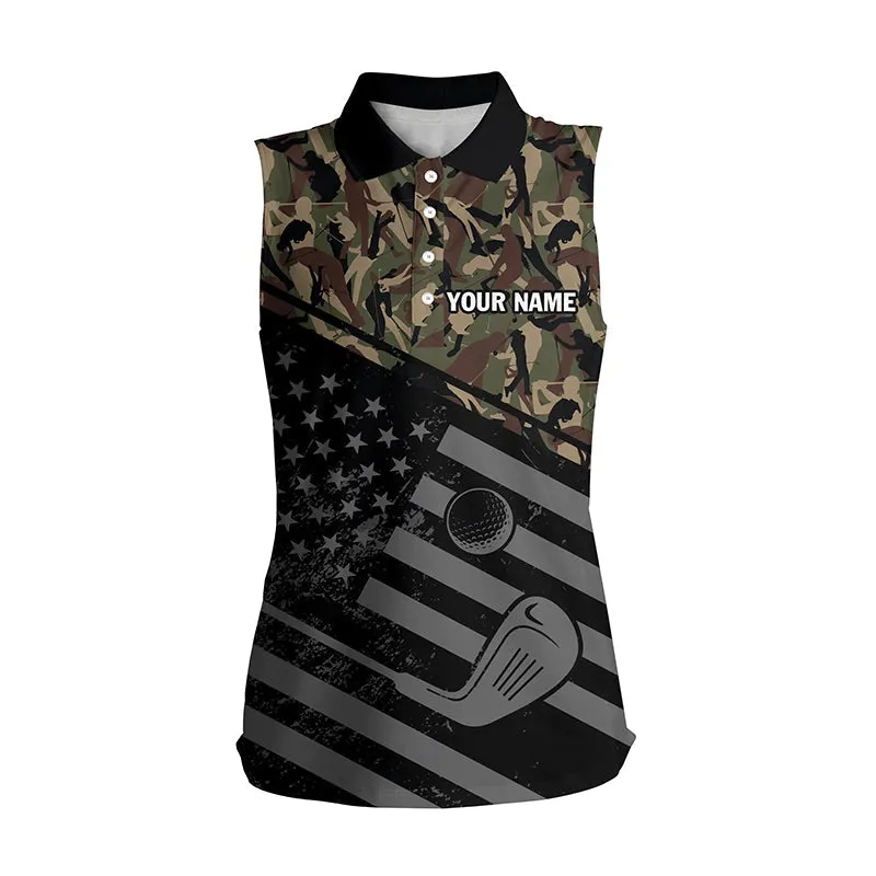 Women's Sleeveless Polo Shirt Black American Flag Patriotic Green Camo Polo Custom Name Golfing Gifts