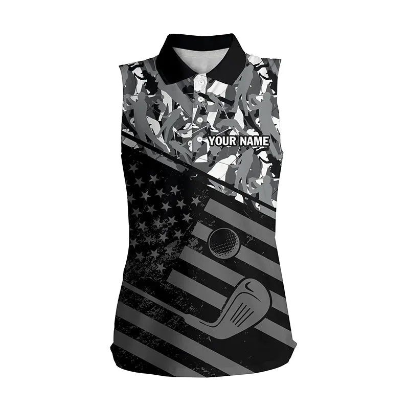 Women's Sleeveless Polo Shirt Black American Flag Patriotic Green Camo Polo Custom Name Golfing Gifts