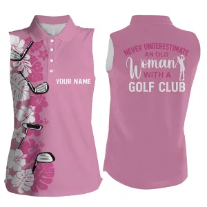 Womens Sleeveless Polo Shirts Custom Pink Tropical Golf Clubs An Old Woman With A Golf Clubs