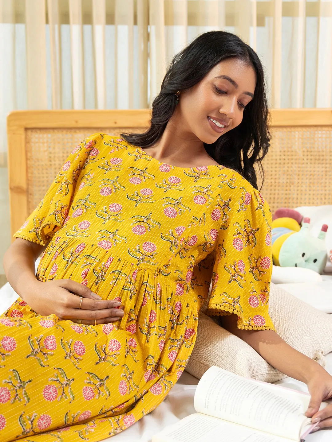 Yellow Cotton Floral Fit & Flare Maternity Dress