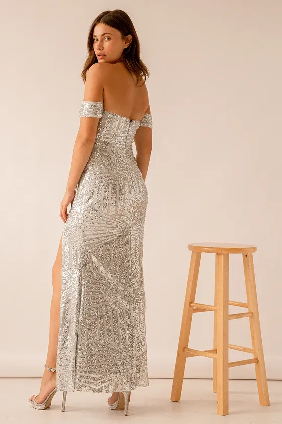 You and Me Silver Sequin Off-the-Shoulder Mermaid Maxi Dress