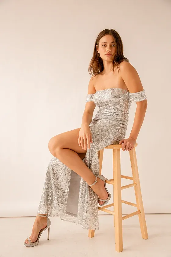 You and Me Silver Sequin Off-the-Shoulder Mermaid Maxi Dress